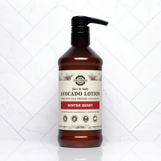 Rustic Strength, Avocado Lotion, 16oz, Amber Plastic bottle with pump, Winter Berry