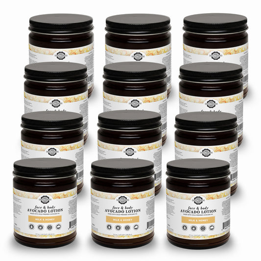 Rustic Strength, Avocado Lotion, 8oz, Glass Jar, 12 pack, Milk & Honey