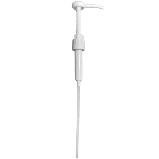 A white plastic pump designed for dispensing from a 5-gallon bucket.