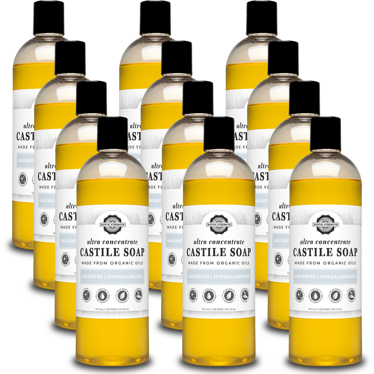 Rustic Strength, Castile Soap, 16oz plastic bottle, 12 pack