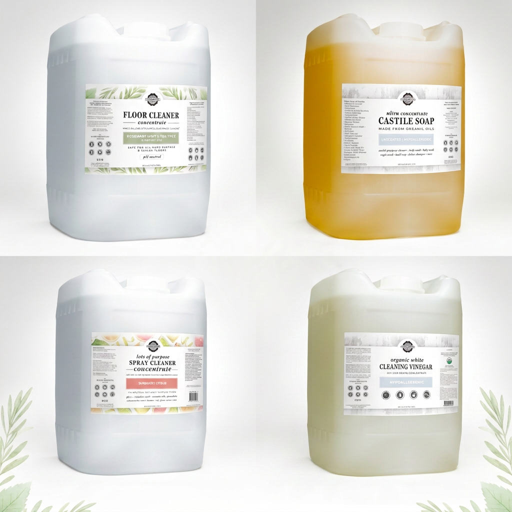 Rustic Strength, Concentrates Collection image of 4 Eco Jugs, Floor Cleaner, Castile Soap, Lots Of Purpose Spray Cleaner Concentrate and 200 Grain Organic Cleaning Vinegar
