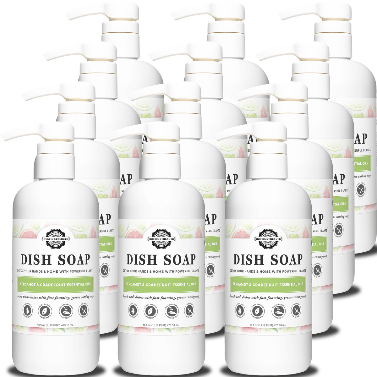 Rustic Strength, Dish Soap, 16oz, White Plastic Pump Bottle, 12 pack