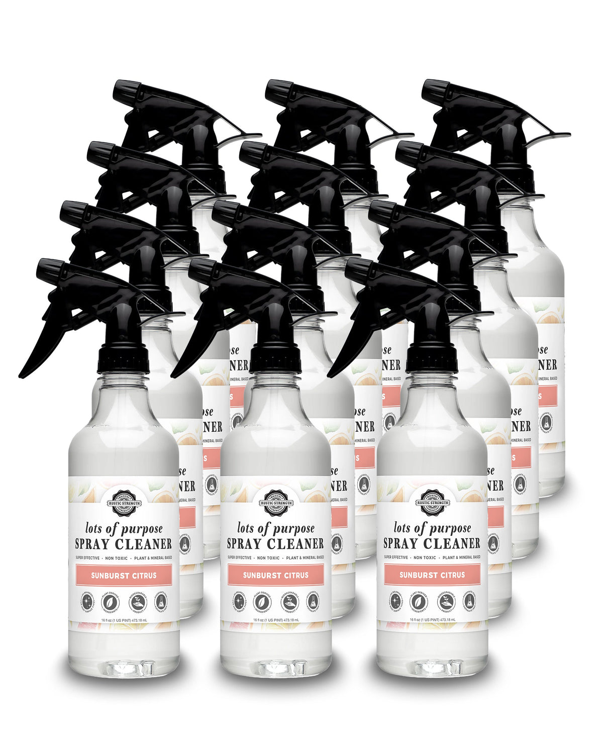 Rustic Strength, Lots of Purpose Spray Cleaner, 16oz, plastic spray bottle, 12 pack