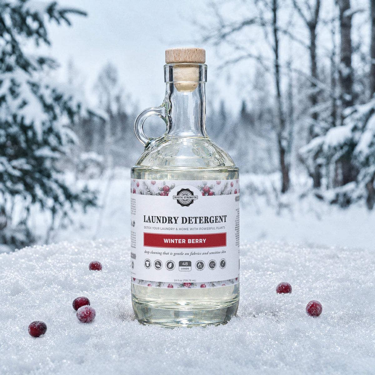 Rustic Strength, Winter Berry, photoshoot image of 24oz glass bourbon bottle surrounded by snow and snow with crystalized red berries, blurred snowy trees in the background