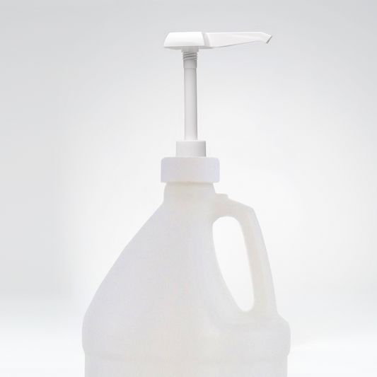 Rustic Strength, Pump for 1 Gallon Glass or Plastic Jugs, White pump pictured on a 1 Gallon Plastic Jug with only the top of the jug and handle in view