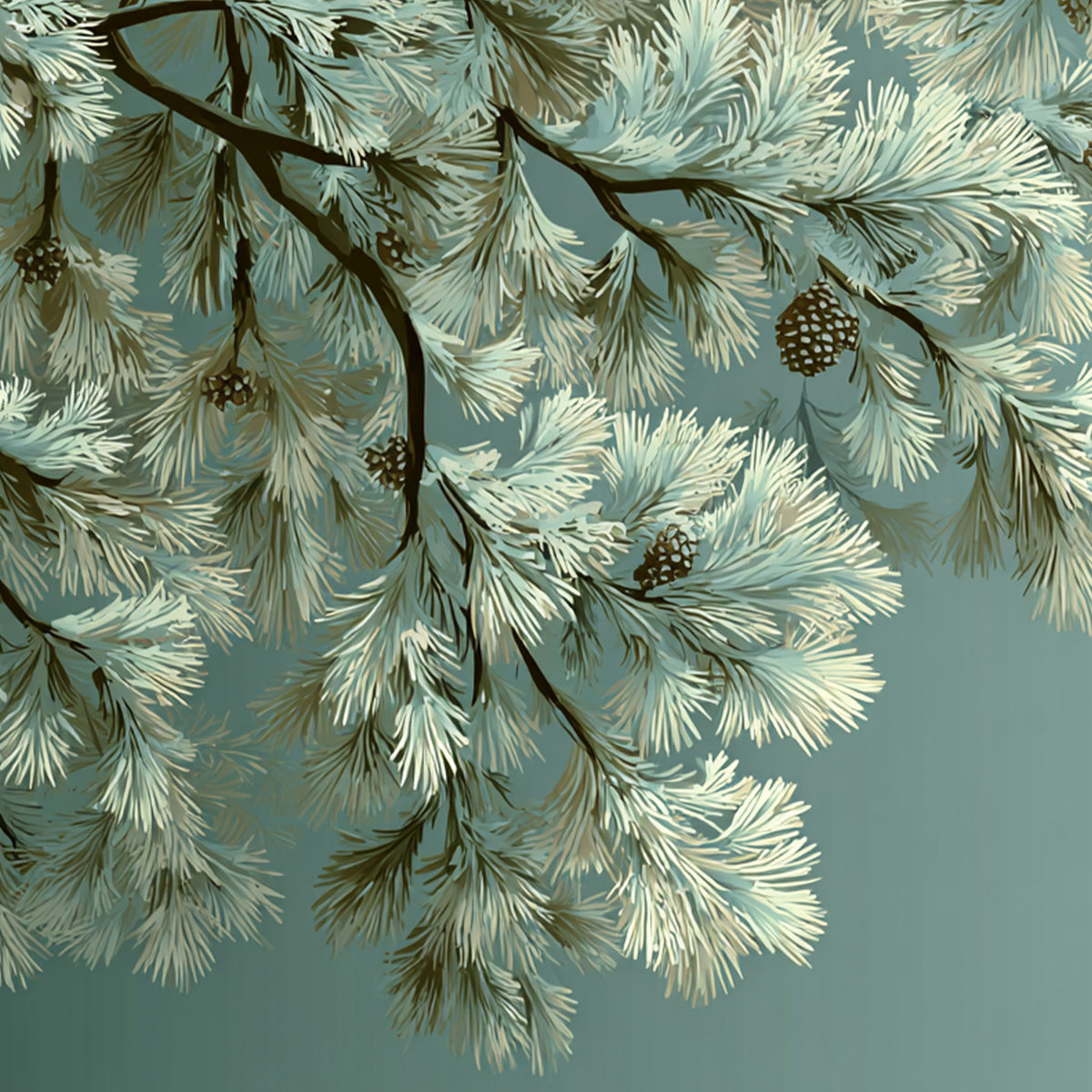 Rustic Strength, Illustrative image of light colored evergreen boughs with pinecones on a teal-green background.