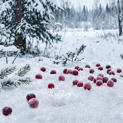 Rustic Strength, Red berries covered in frost scattered across a snowy forest ground, with snow-covered pine branches and trees in the background.