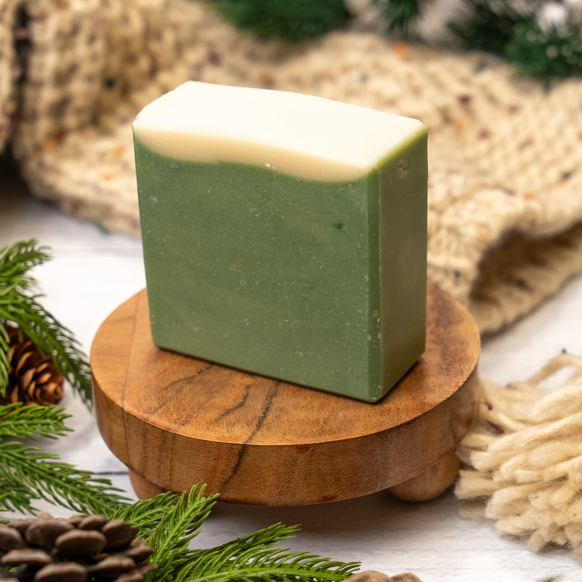 Rustic Strength, Bar Soap, 5oz Brick, Silver Spruce on wooden stool