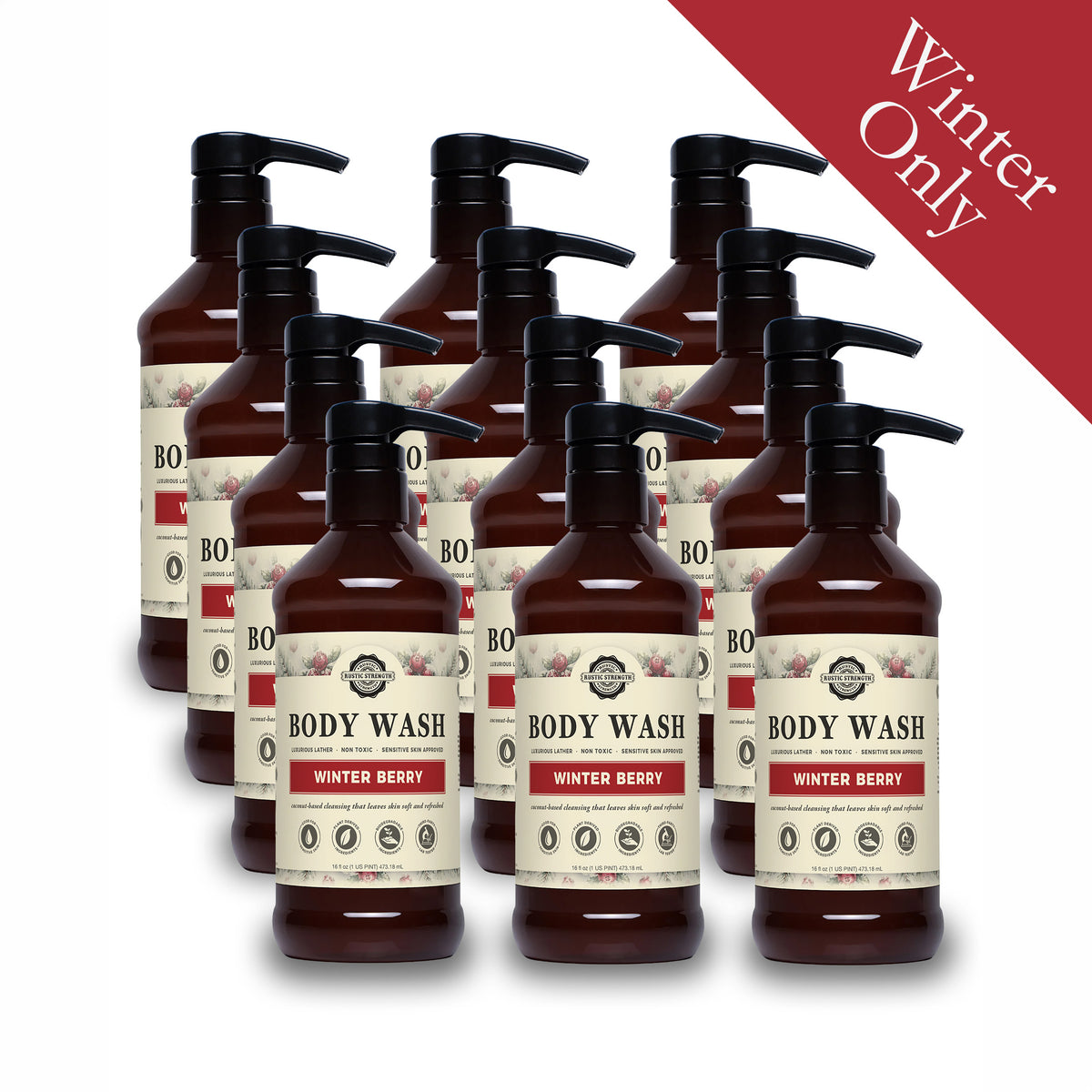 Rustic Strength, Body Wash, 16oz, Amber Plastic bottle with pump, Winter Berry, 12 pack, with Winter Only badge