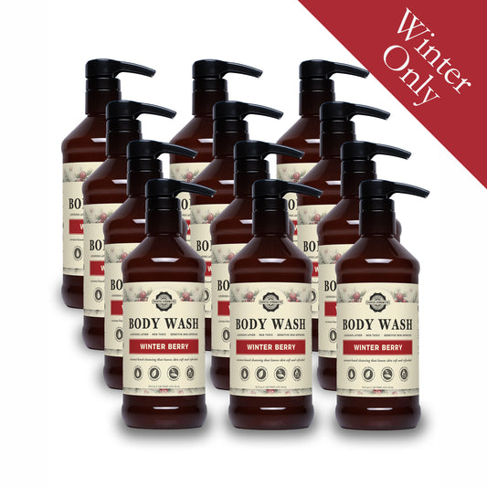 Rustic Strength, Body Wash, 16oz, Amber Plastic bottle with pump, Winter Berry, 12 pack, with Winter Only badge
