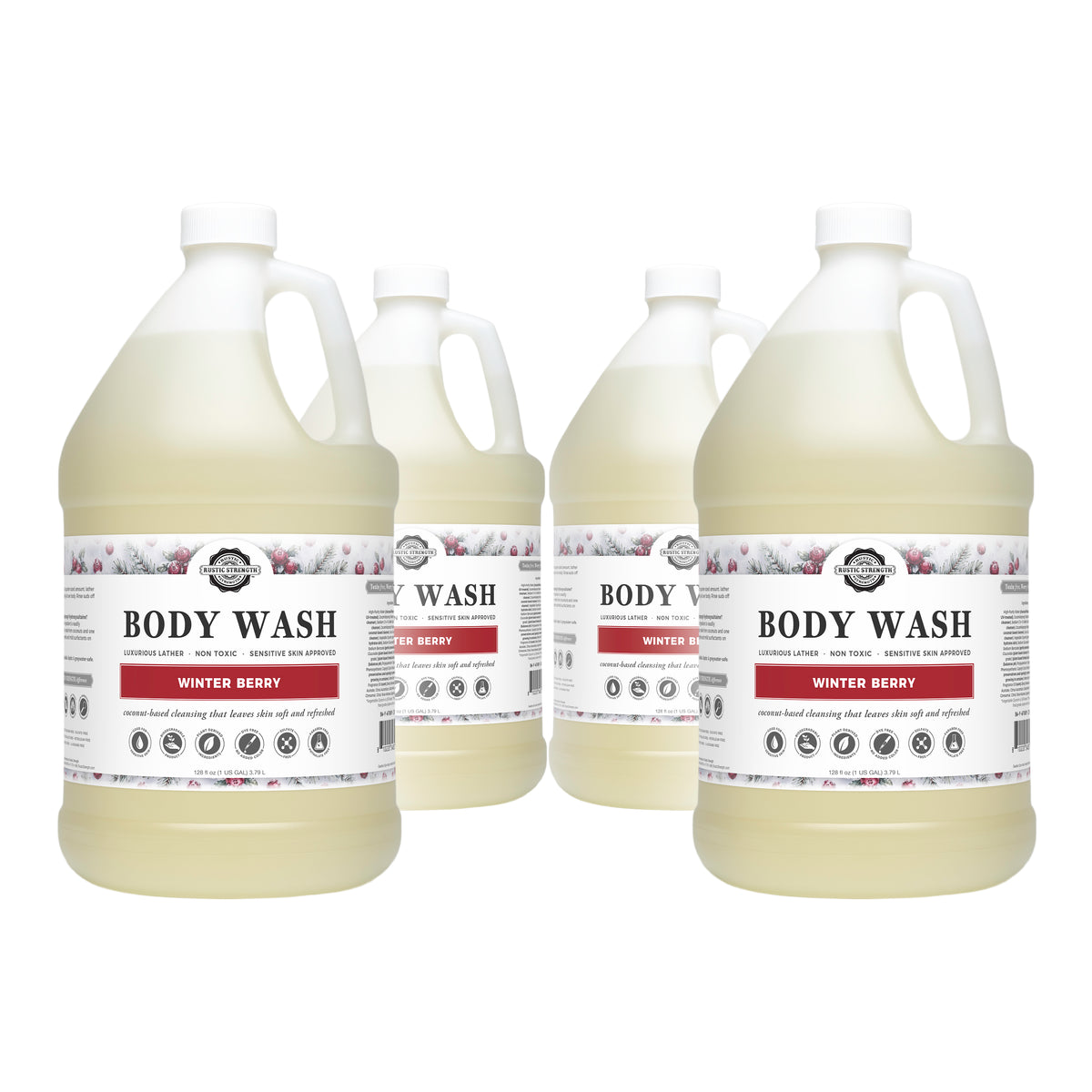 Rustic Strength, Body Wash, 4 - 1 Gallon, Plastic Jug, Winter Berry