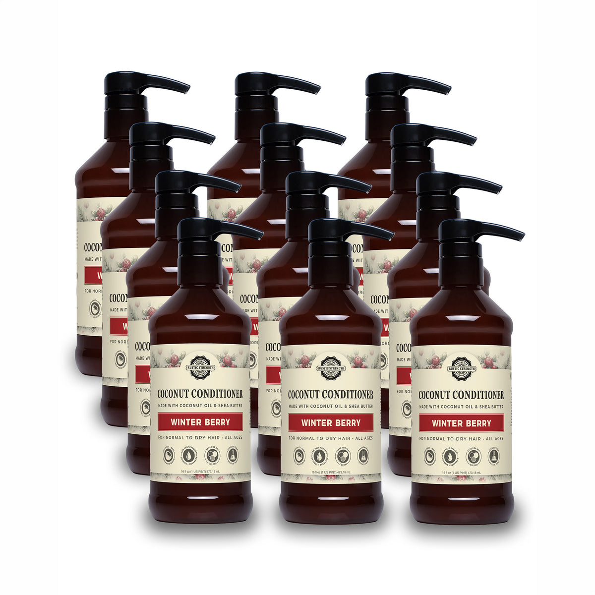 Rustic Strength, Coconut Conditioner, 16z, Amber Plastic bottle with pump, Winter Berry, 12 pack