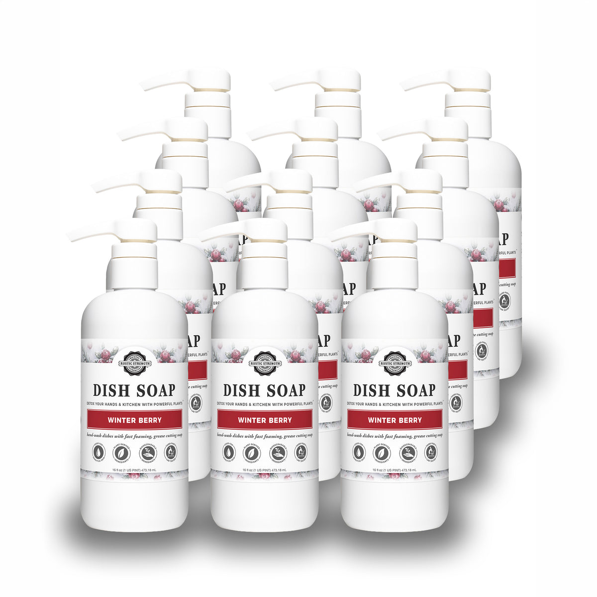 Rustic Strength, Dish Soap, 16oz white pump bottle, Winter Berry, 12 pack