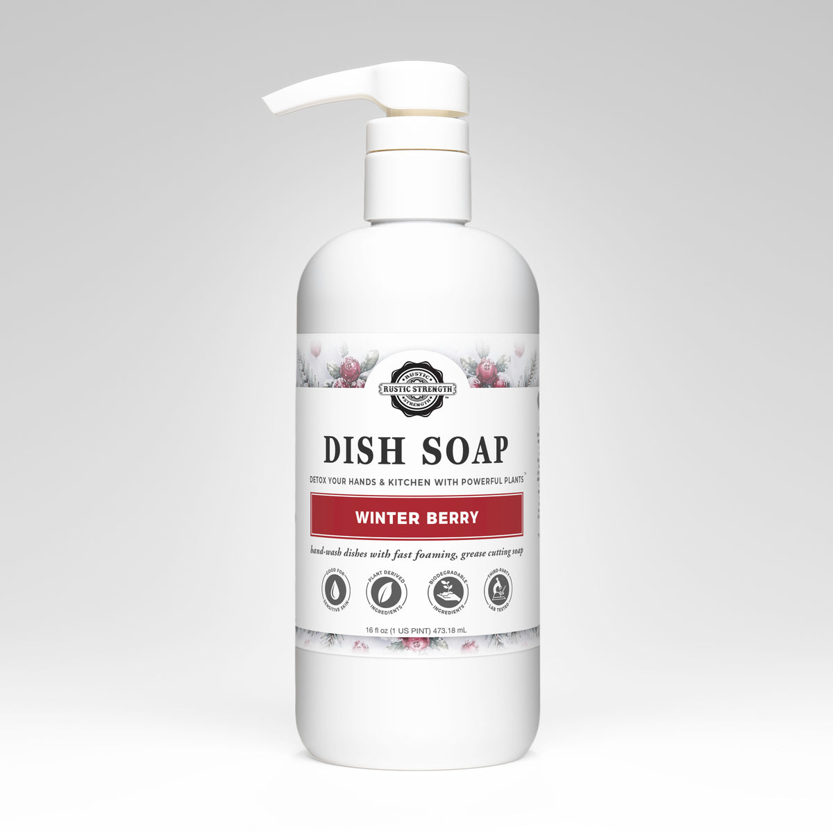 Rustic Strength, Dish Soap, 16oz white pump bottle, Winter Berry