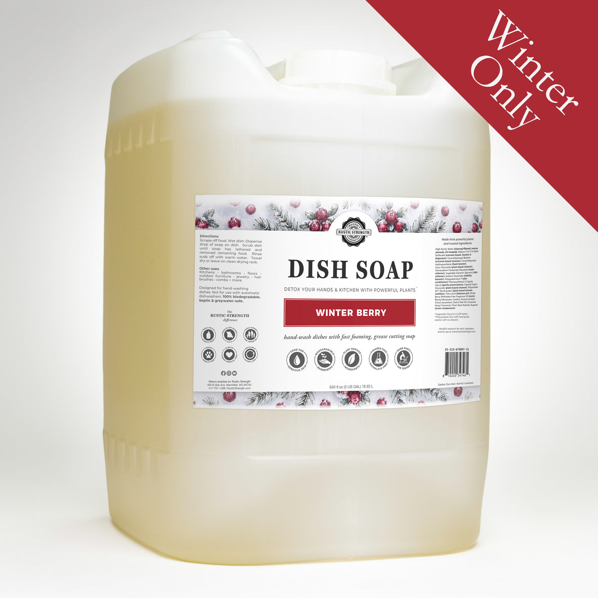 Rustic Strength, Dish Soap, 5 Gallon, Eco Jug, Winter Berry, Winter Only Badge