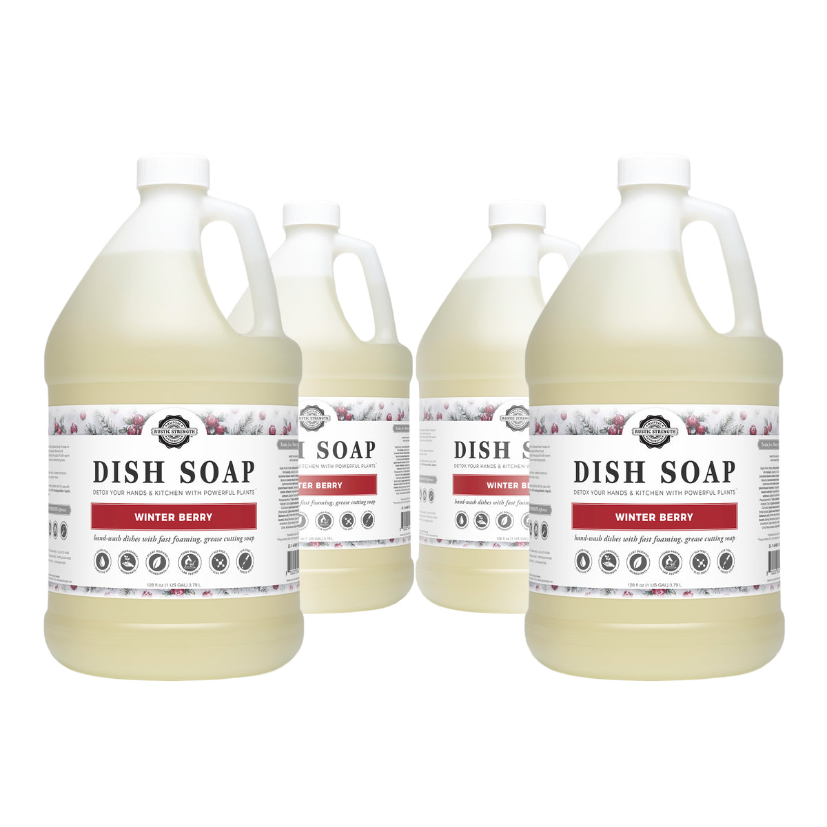 Rustic Strength, Dish Soap, 4 - 1 Gallon, Plastic Jugs, Winter Berry