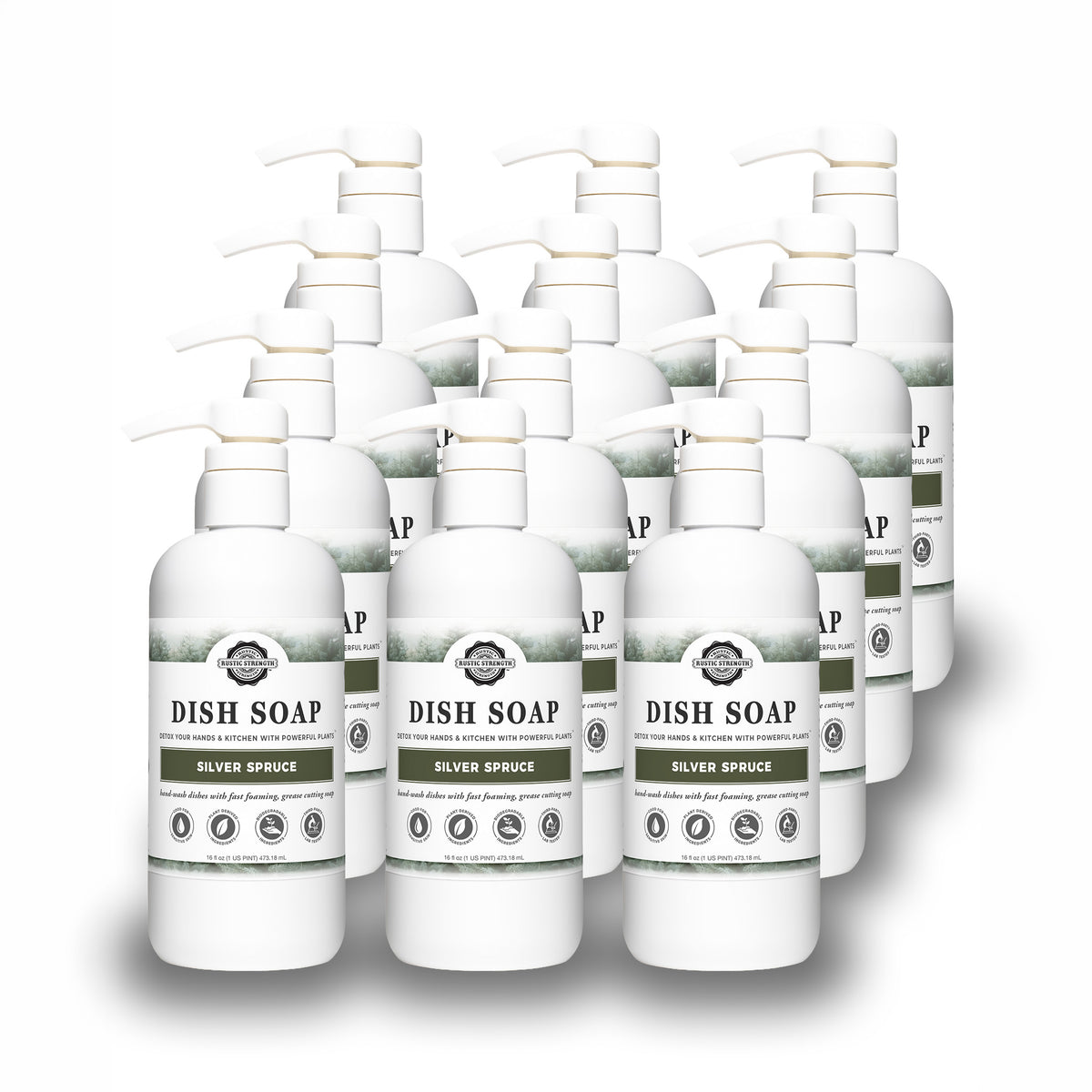 Rustic Strength, Dish Soap, 16oz, White Plastic Bottle with Pump, Silver Spruce, 12 pack