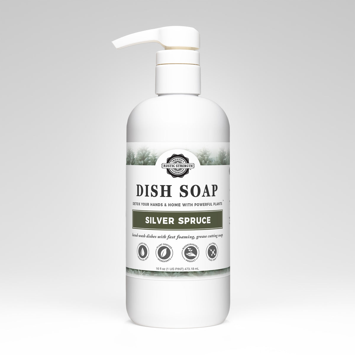 Rustic Strength, Dish Soap, 16oz, White Plastic Bottle with Pump, Silver Spruce