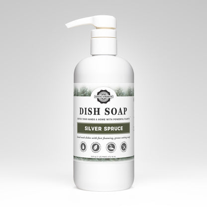 Rustic Strength, Dish Soap, 16oz, White Plastic Bottle with Pump, Silver Spruce