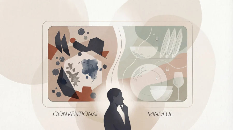 Rustic Strength, illustrative image of a person contemplating dirty vs clean/ conventional vs mindful