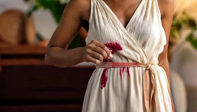 Rustic Strength, A woman wearing a cream-colored linen dress with a matching belt, she has just spilled something red near her waist in a softly blurred indoor setting.