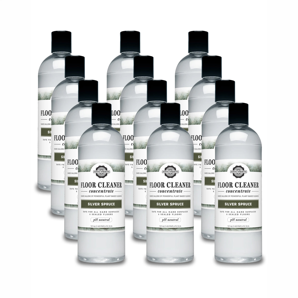 Rustic Strength, Floor Cleaner Concentrate, 16oz Plastic Bottle with flip top cap, Silver Spruce, 12 pack