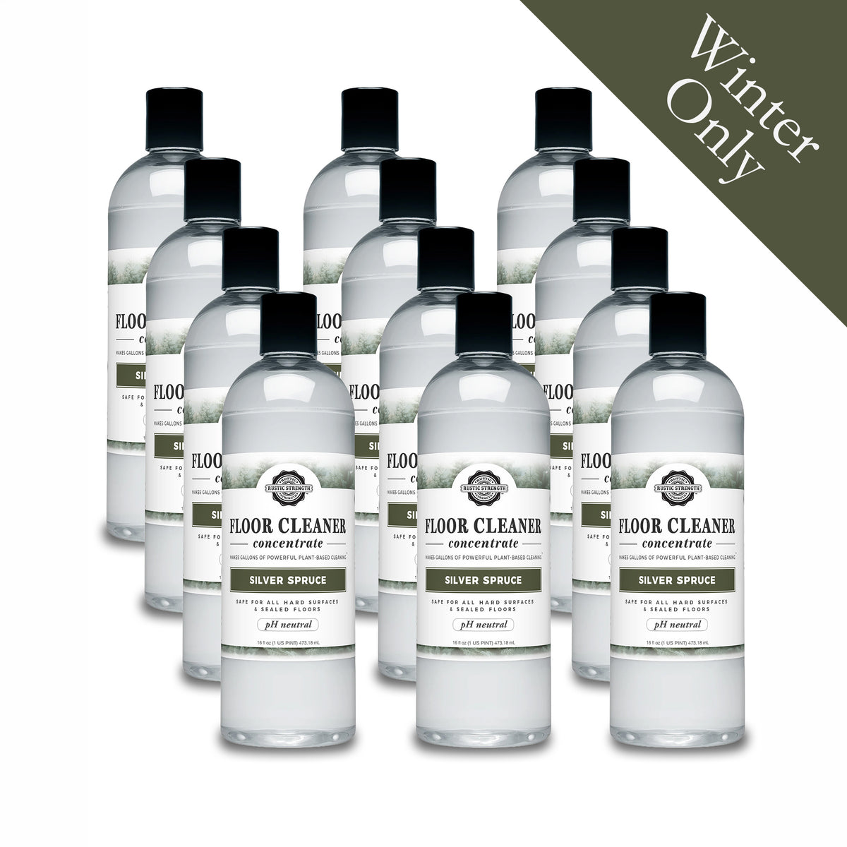 Rustic Strength, Floor Cleaner Concentrate, 16oz Plastic Bottle with flip top cap, Silver Spruce, 12 pack, with Winter Only badge