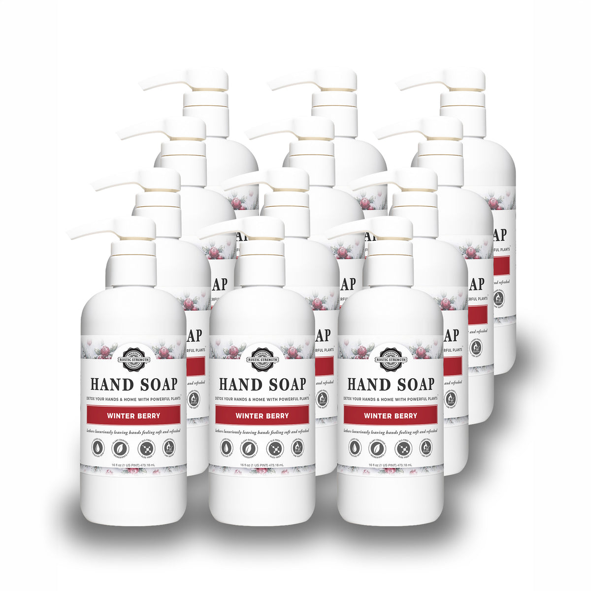 Rustic Strength, Hand Soap, 16oz white pump bottle, Winter Berry, 12 pack