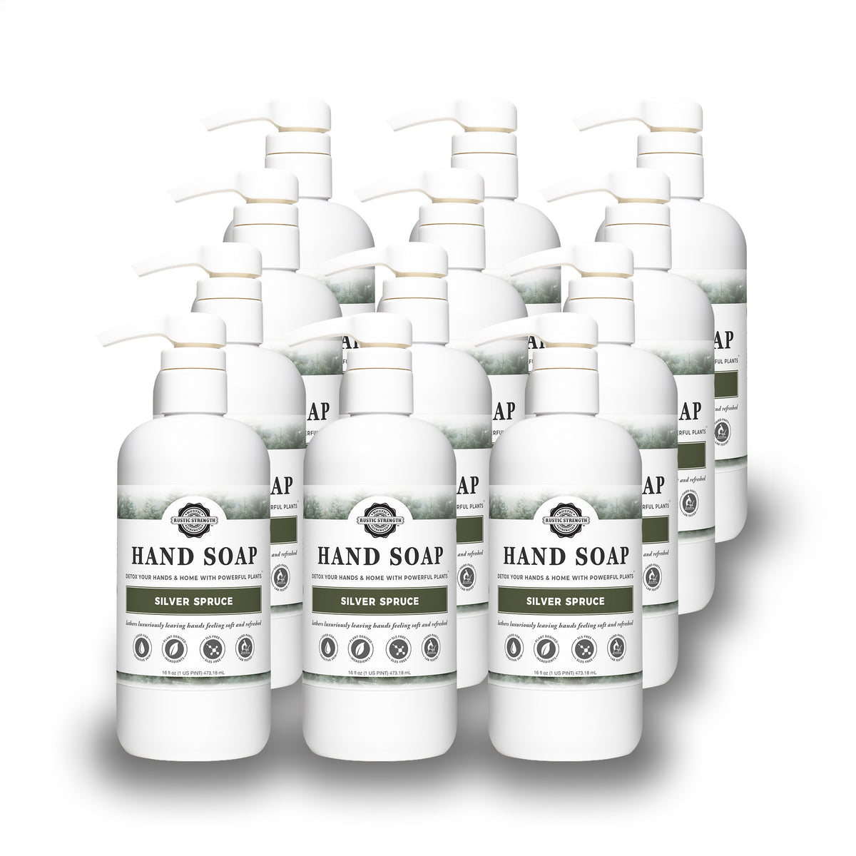 Rustic Strength, Hand Soap, 16oz, White Plastic with pump, Silver Spruce, 12 pack
