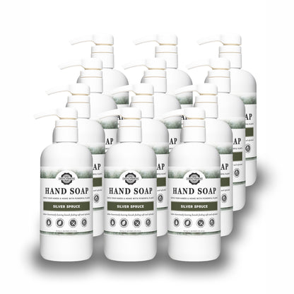 Rustic Strength, Hand Soap, 16oz, White Plastic with pump, Silver Spruce, 12 pack