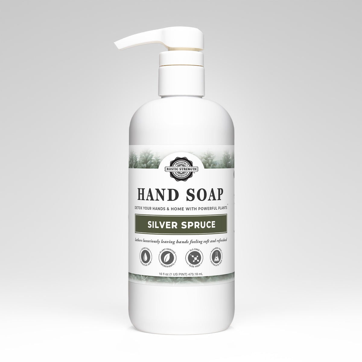 Rustic Strength, Hand Soap, 16oz, White Plastic with pump, Silver Spruce