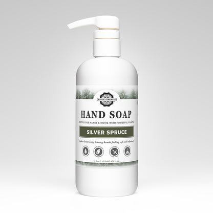 Rustic Strength, Hand Soap, 16oz, White Plastic with pump, Silver Spruce