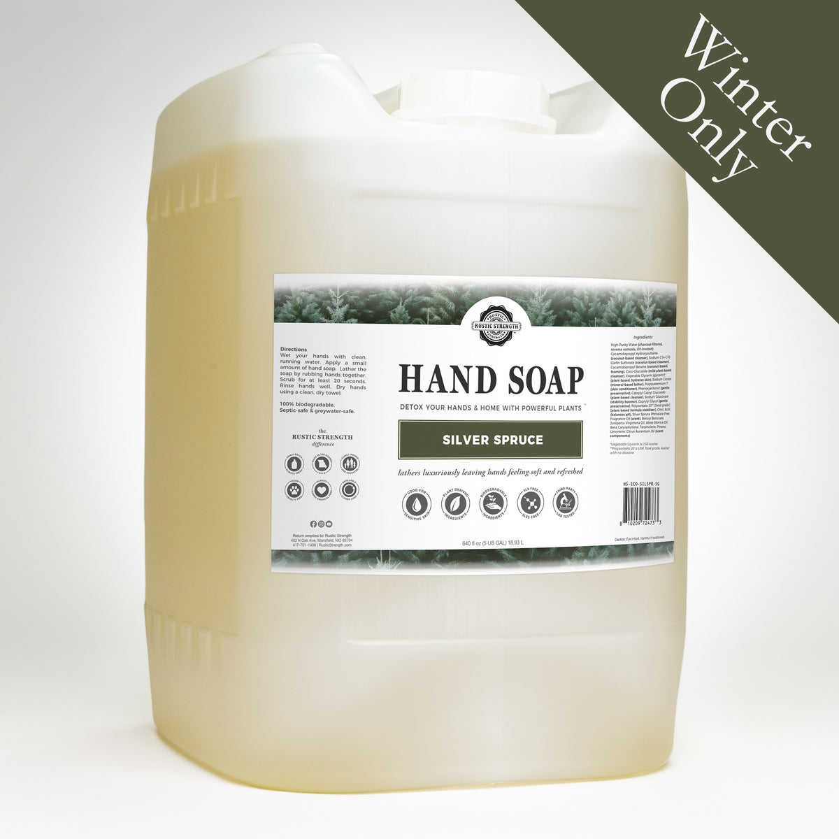 Rustic Strength, Hand Soap, 5 Gallon, Eco Jug, Silver Spruce, with Winter Only badge