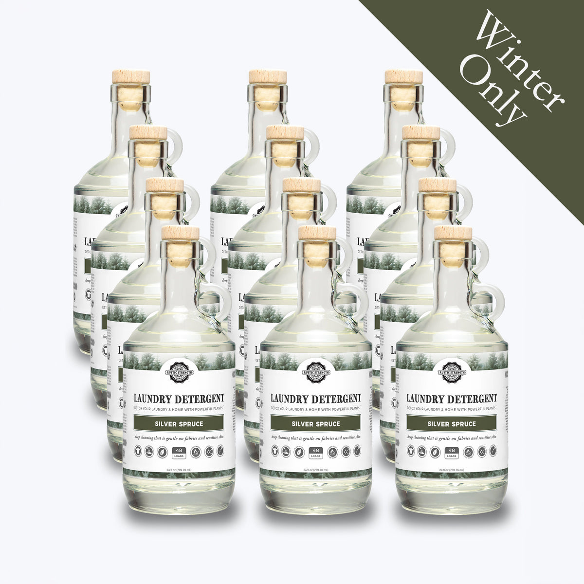 Rustic Strength, Laundry Detergent, 24oz, Glass Bourbon Bottle, Silver Spruce, 12 pack, with Winter Only badge