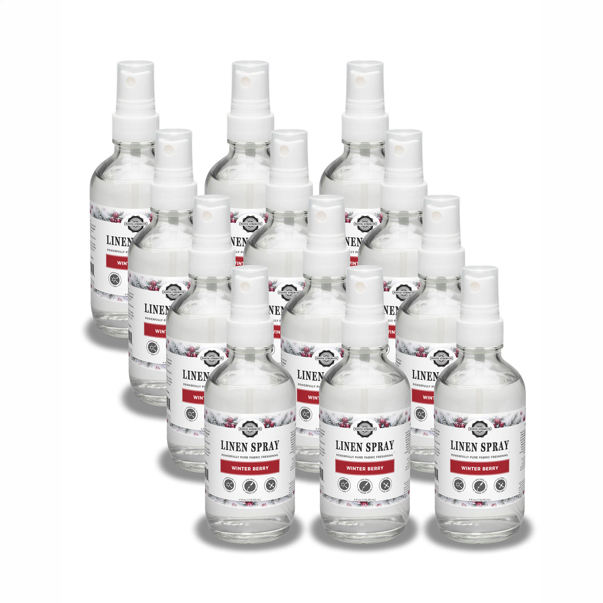 Rustic Strength, Linen Spray, 4oz, Glass with spray top, Winter Berry, 12 pack
