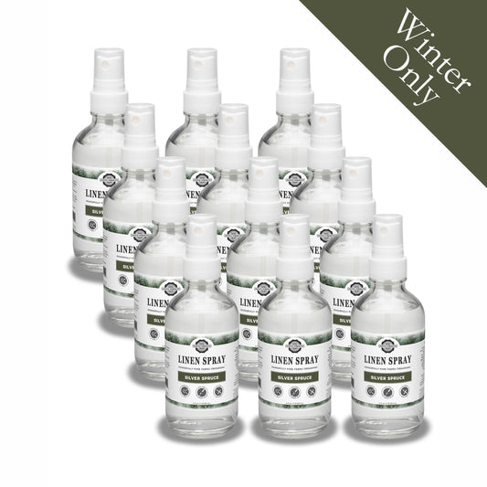 Rustic Strength, Linen Spray, 4oz, Glass bottle with spray top, Silver Spruce, 12 pack, with Winter Only badge