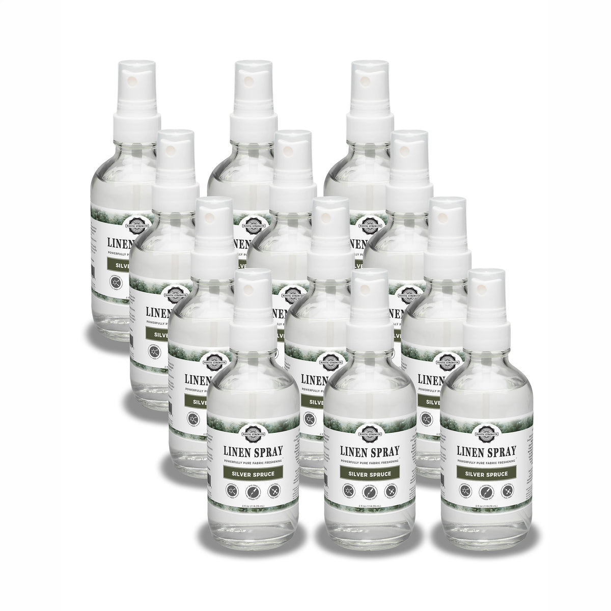 Rustic Strength, Linen Spray, 4oz, Glass bottle with spray top, Silver Spruce, 12 pack