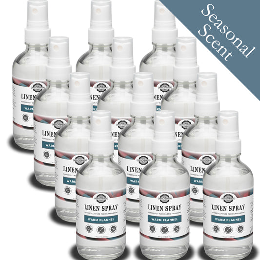Rustic Strength, Linen Spray | 4oz Glass Spray Bottle | Warm Flannel | 12-pack with Seasonal Scent badge