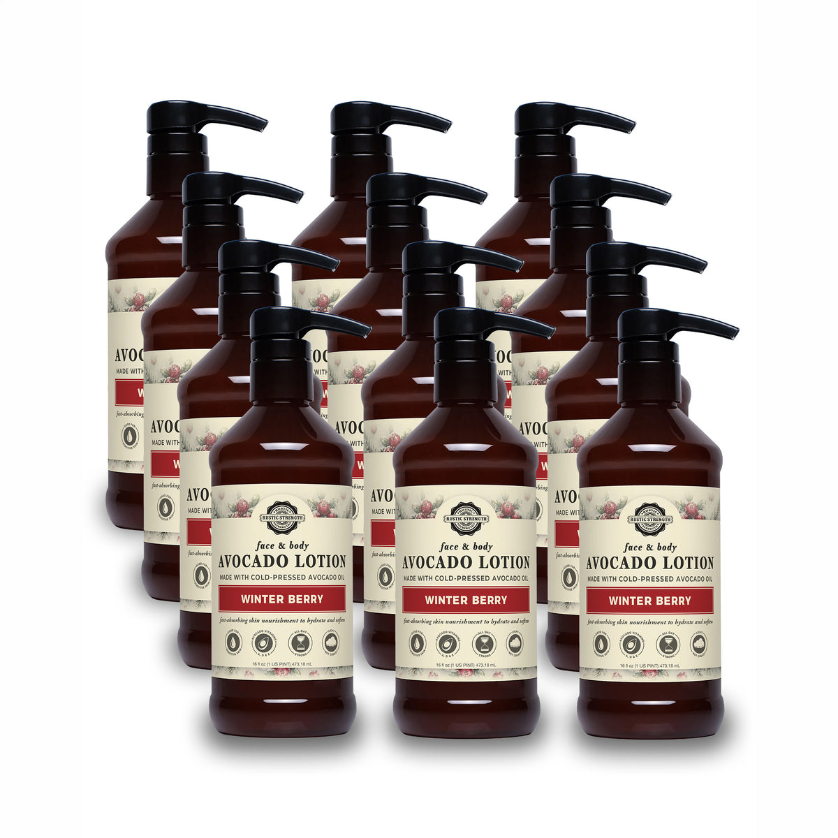 Rustic Strength, Avocado Lotion, 16oz, Amber Plastic bottle with pump, Winter Berry, 12 pack