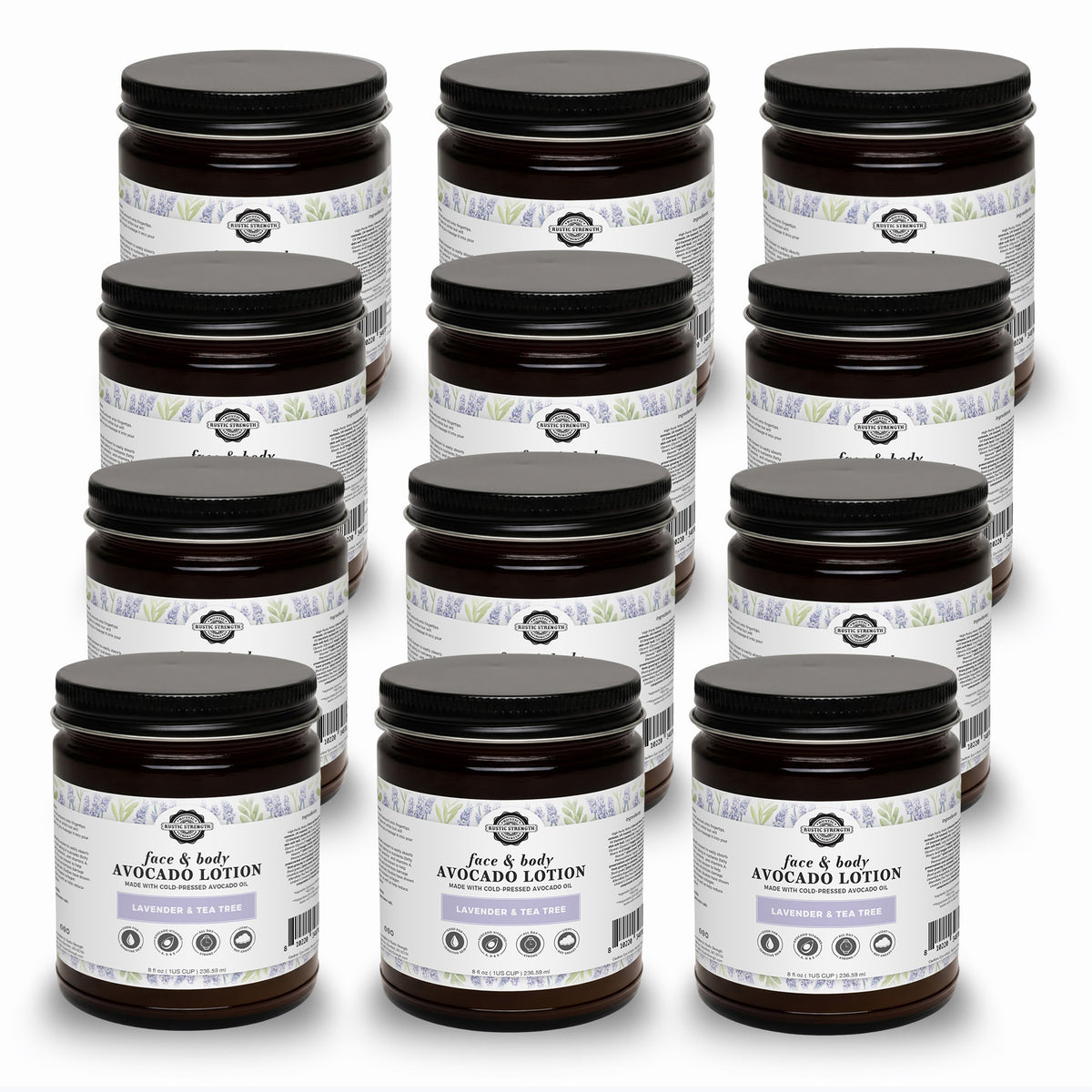 Rustic Strength, Avocado Lotion, 8oz, Glass Jar, 12 pack, Lavender & Tea Tree