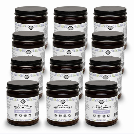 Rustic Strength, Avocado Lotion, 8oz, Glass Jar, 12 pack, Lavender & Tea Tree