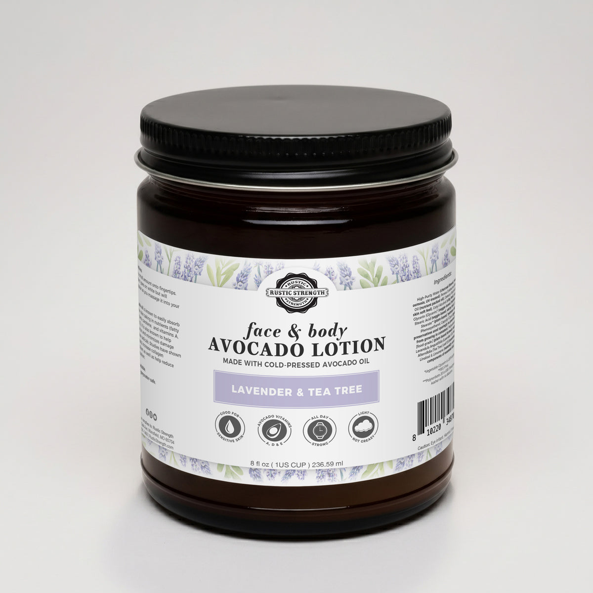 Rustic Strength, Avocado Lotion, 8oz, Glass Jar, Lavender & Tea Tree