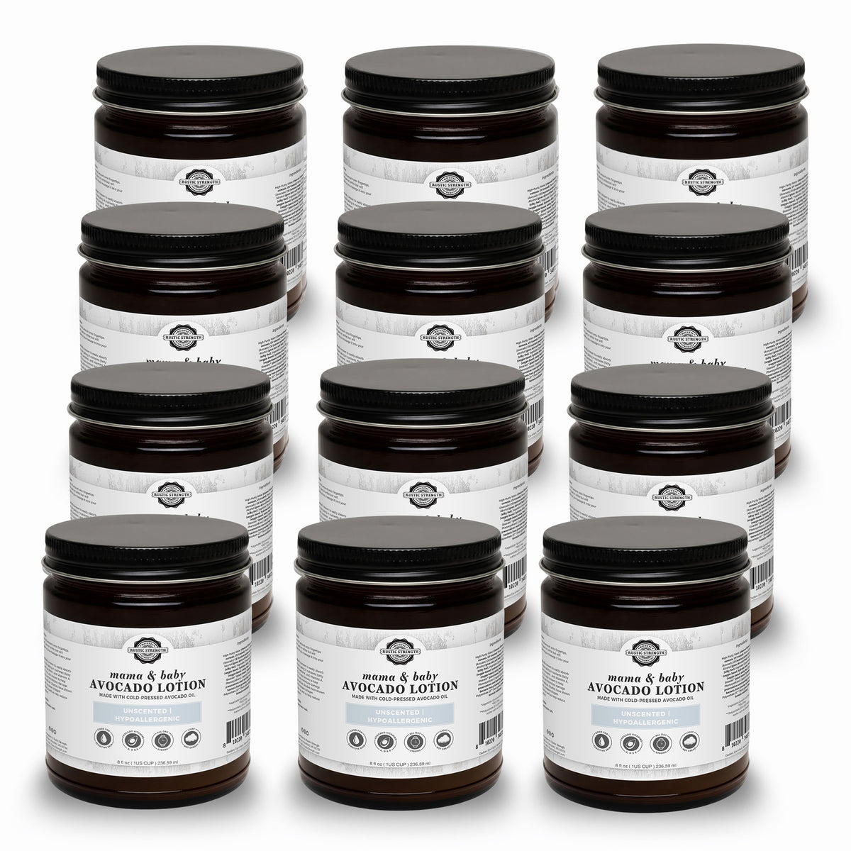 Rustic Strength, Avocado Lotion, 8oz, Glass Jar, 12 pack, Unscented Mama & Baby Safe