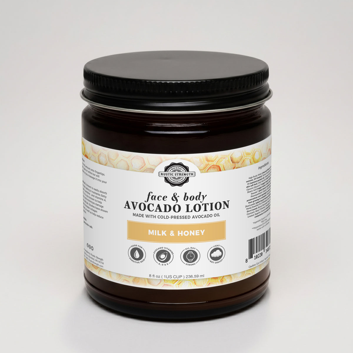 Rustic Strength, Avocado Lotion, 8oz, Glass Jar, Milk & Honey