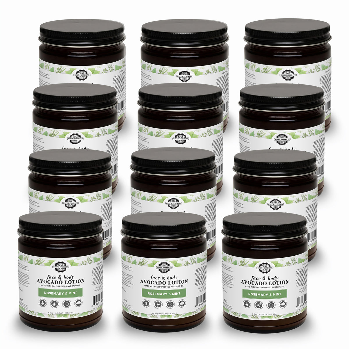 Rustic Strength, Avocado Lotion, 8oz, Glass Jar, 12 pack, Rosemary & Mint