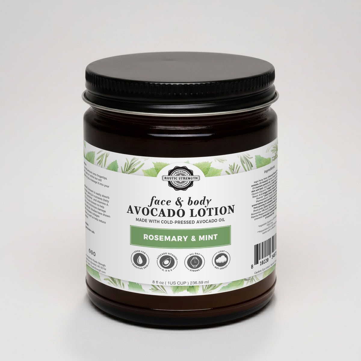 Rustic Strength, Avocado Lotion, 8oz, Glass Jar, Rosemary & Mint