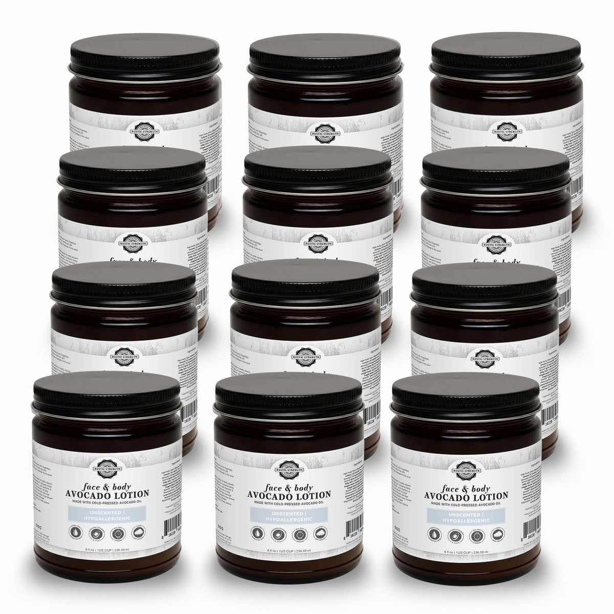 Rustic Strength, Avocado Lotion, 8oz, Glass Jar, 12 pack, Unscented