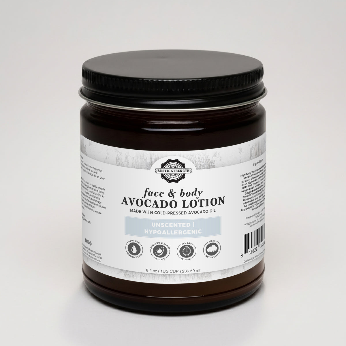 Rustic Strength, Avocado Lotion, 8oz, Glass Jar, Unscented