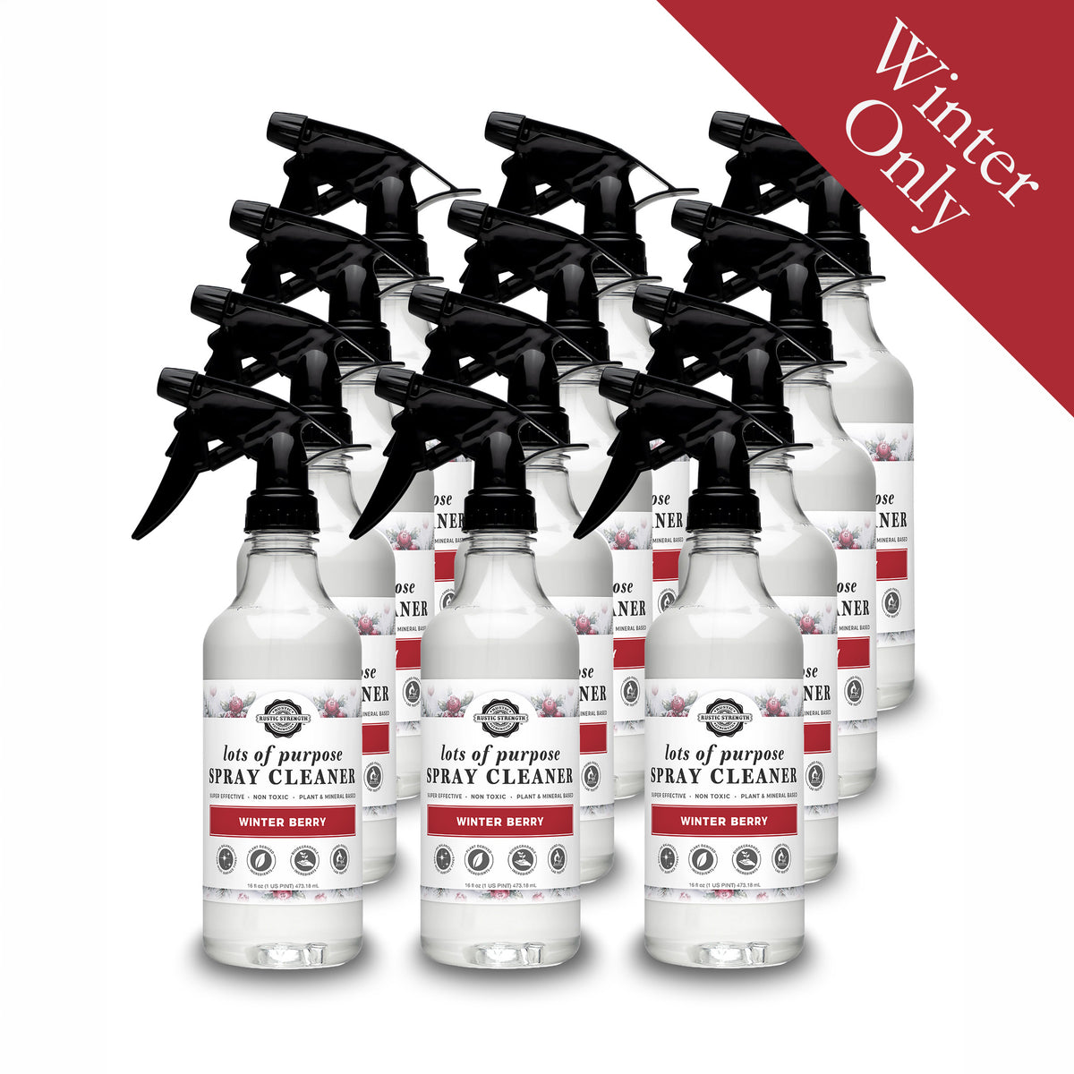 Rustic Strength, Lots of Purpose Spray Cleaner, 16oz with Spray top, Winter Berry, 12 pack with Winter Only badge