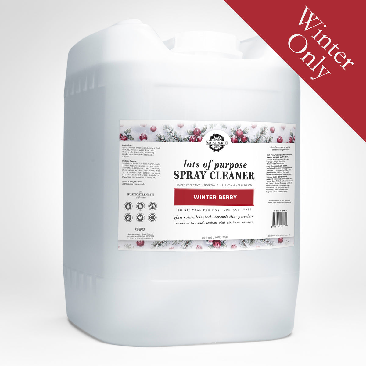 Rustic Strength, Lots of Purpose Spray Cleaner, 5 Gallon, Eco Jug, Winter Berry, with Winter Only badge